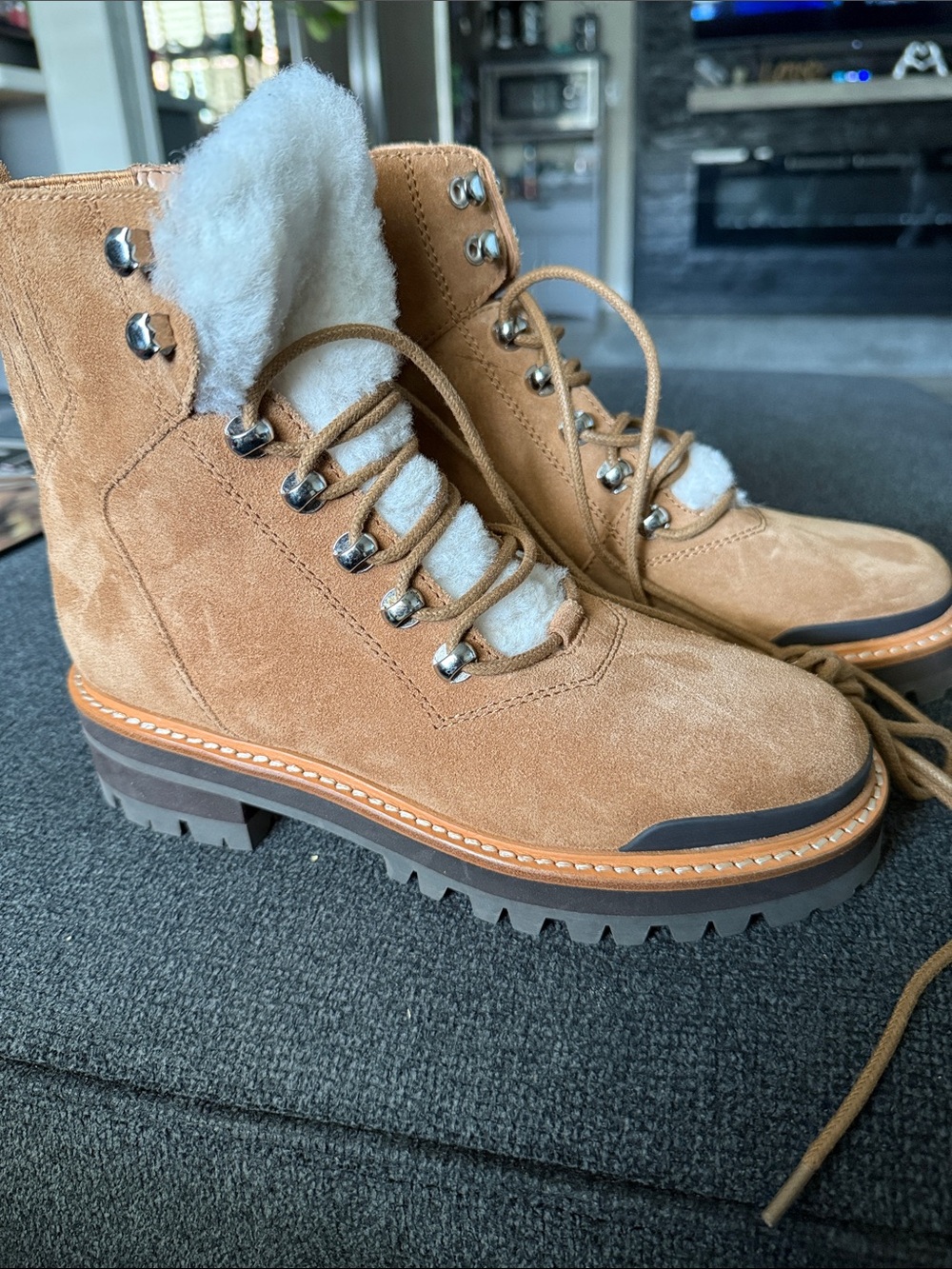 Marc Fisher Tan Suede Shearling-Lined Lace-Up Boots